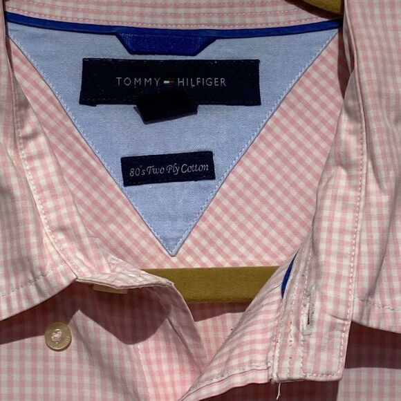 Tommy Hilfiger Men's Button-up Plaid 80's 2-Ply Cotton Dress Shirt Pink & White - Picture 5 of 12